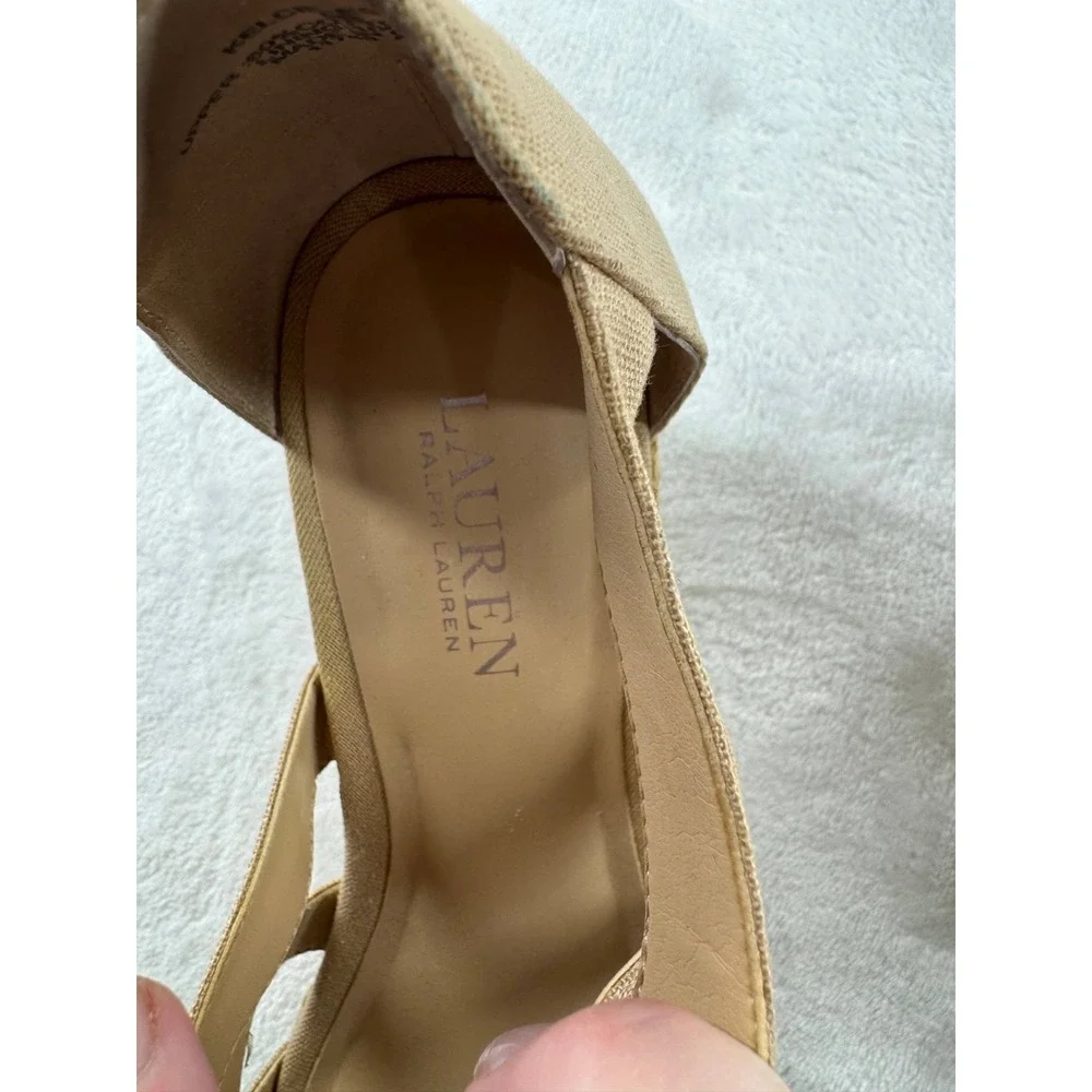 Lauren Ralph Lauren Kelcie Canvas Espadrille‎ Wedge Sandals 9B Women's Beige